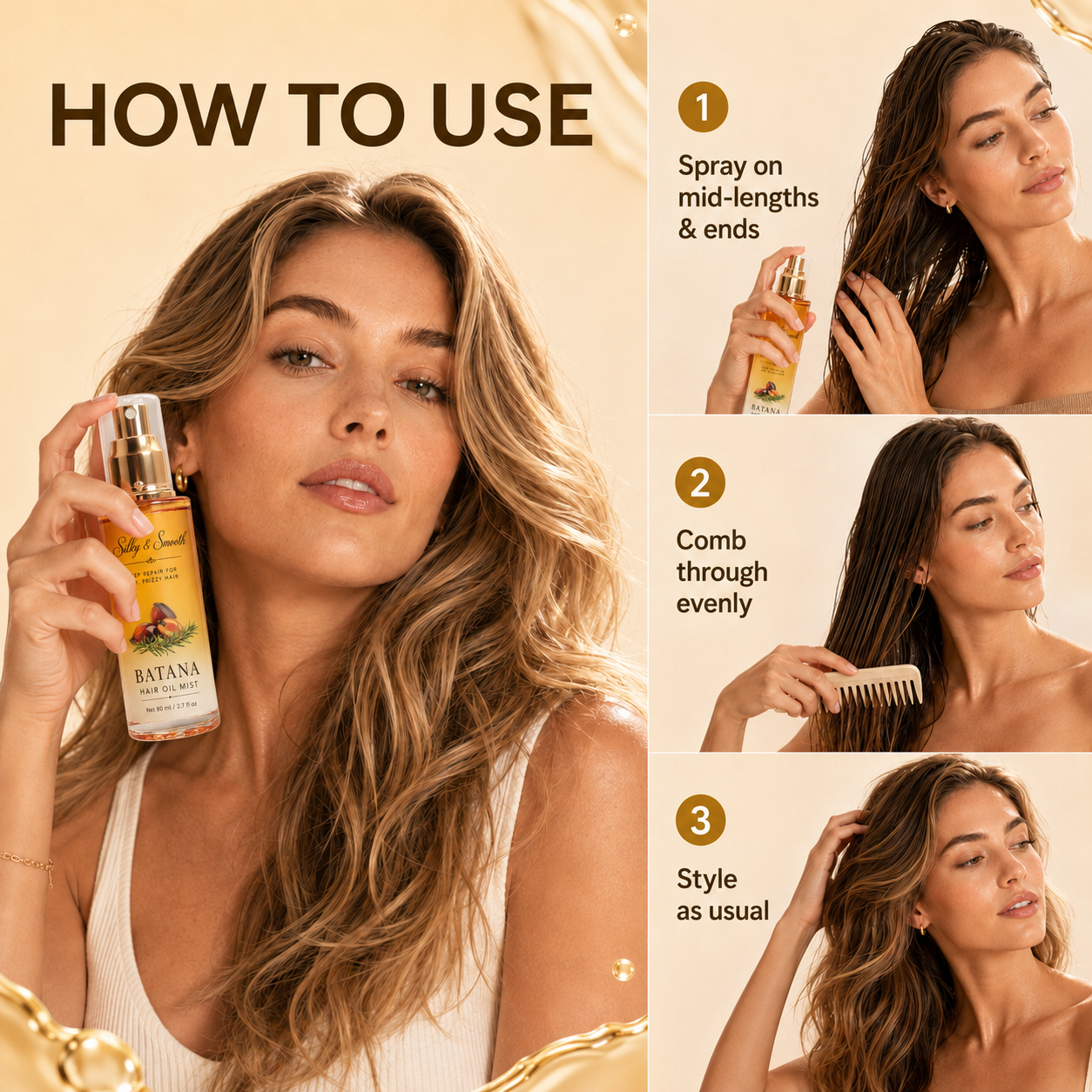 Silky & Smooth Nourishing Hair Oil Mist – Lightweight Detangling & Frizz Control for Dry, Curly Hair